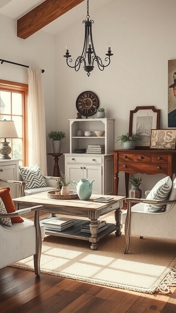 A cozy vintage farmhouse living room with soft chairs, a rustic coffee table, and warm lighting.