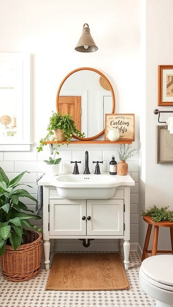 A rustic bathroom featuring a vintage farmhouse sink with plants and warm lighting.
