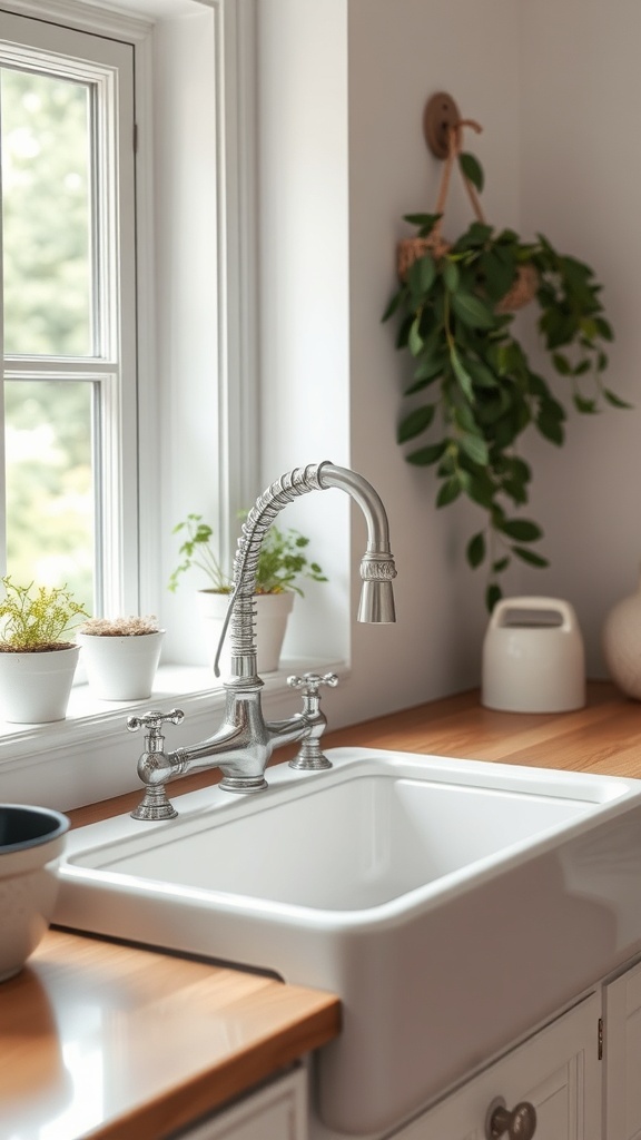 A vintage farmhouse sink with a sleek faucet and potted plants on the windowsill.