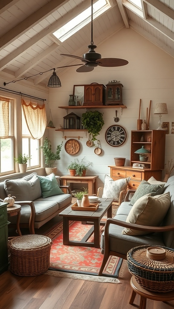Cozy cabin interior featuring vintage decor and upcycled furniture.