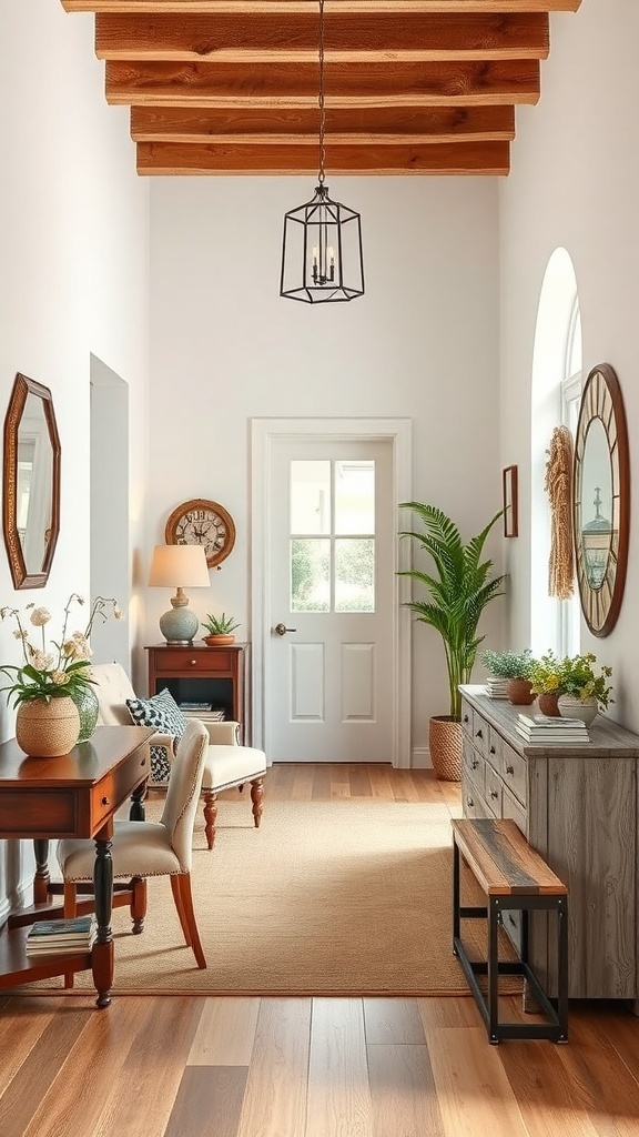 A cozy foyer with wooden beams, a light fixture, plants, and vintage decor.