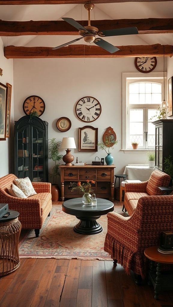 A cozy vintage living room featuring wooden beams, vintage furniture, and decorative wall clocks.
