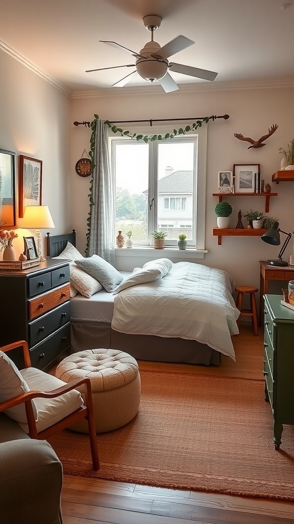 A cozy teen bedroom featuring vintage furniture and decor.