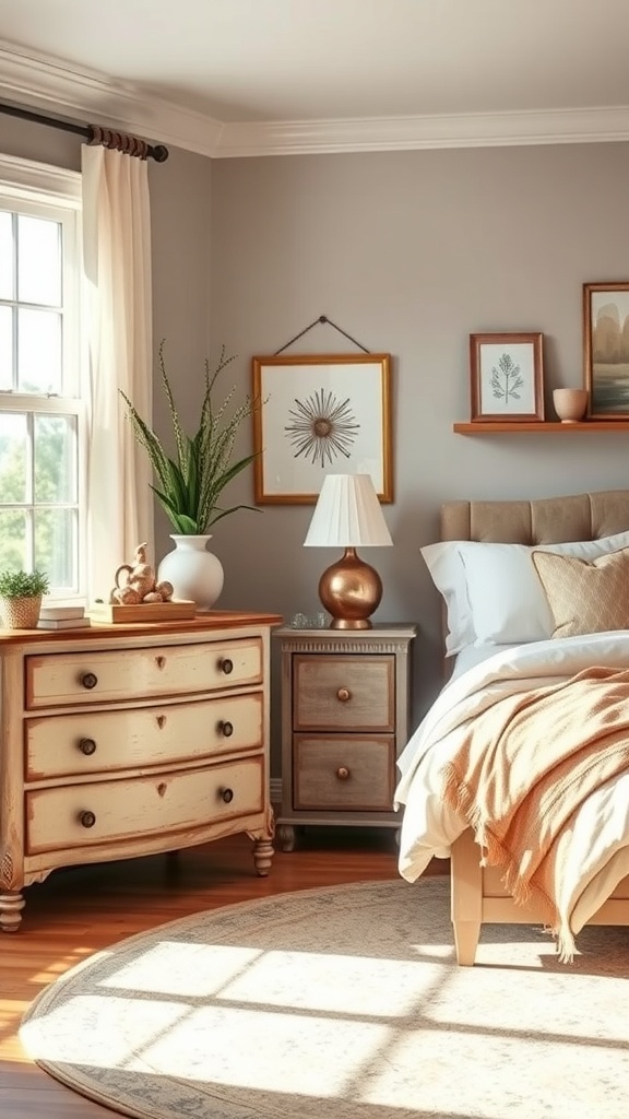 A cozy earthy bedroom featuring vintage furniture, warm tones, and natural decor.