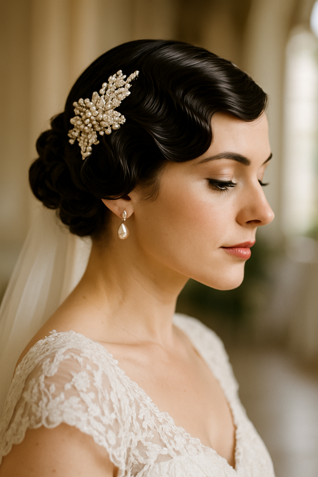 A bride with vintage finger waves styled on a bob haircut, adorned with a pearl hairpin.