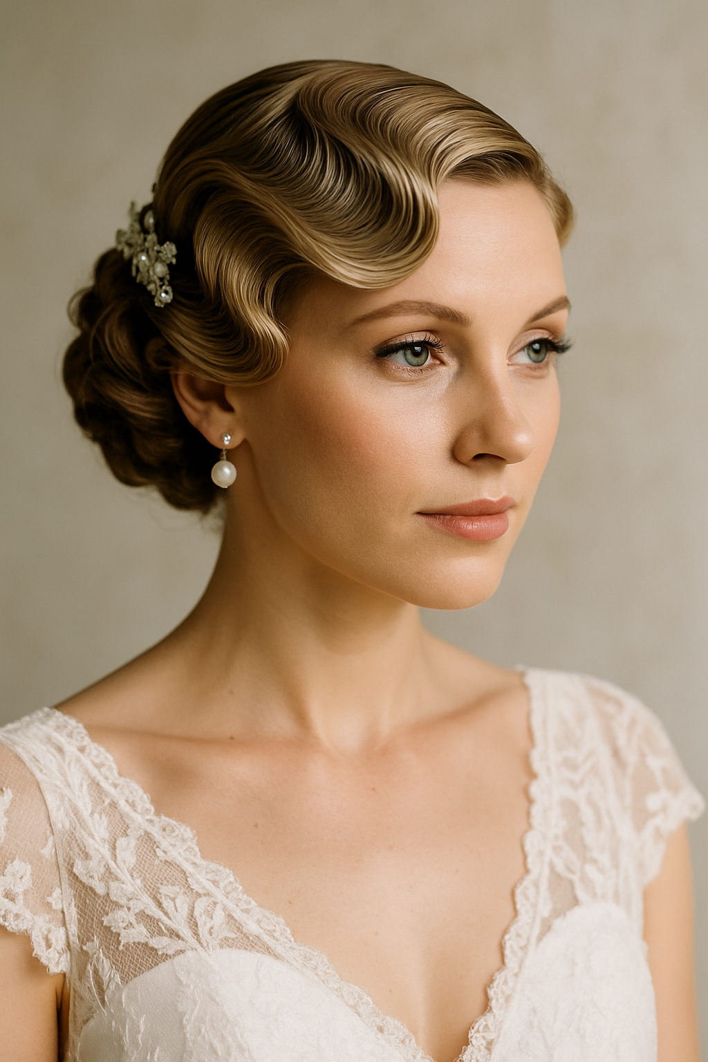 A bride with vintage finger waves hairstyle, wearing a lace wedding dress and pearl earrings.