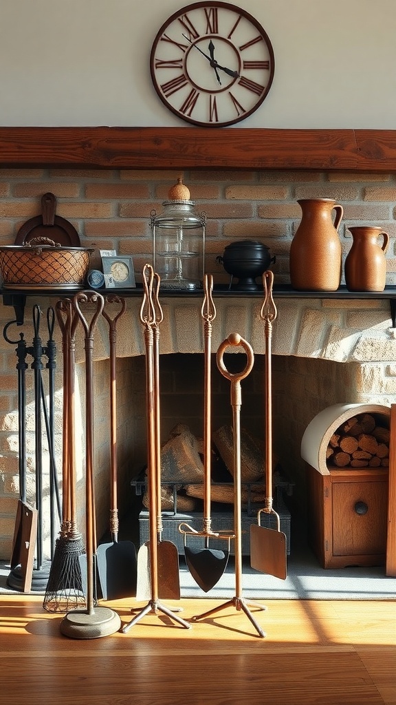 A display of vintage fireplace tools beside a rustic fireplace, with a clock and decorative items on the mantel.