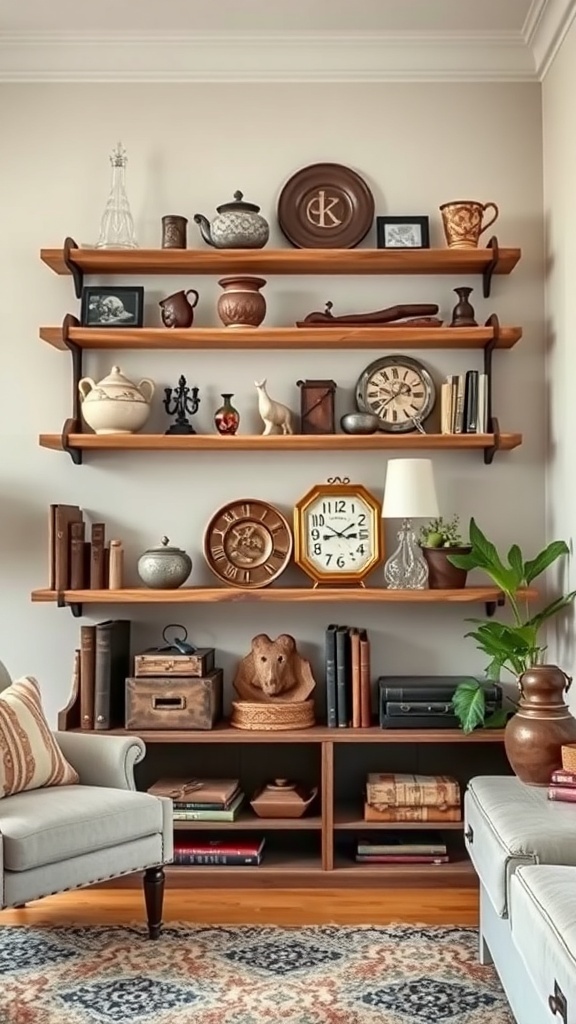 Vintage floating shelves displaying a variety of antique items including ceramics, books, and a plant.