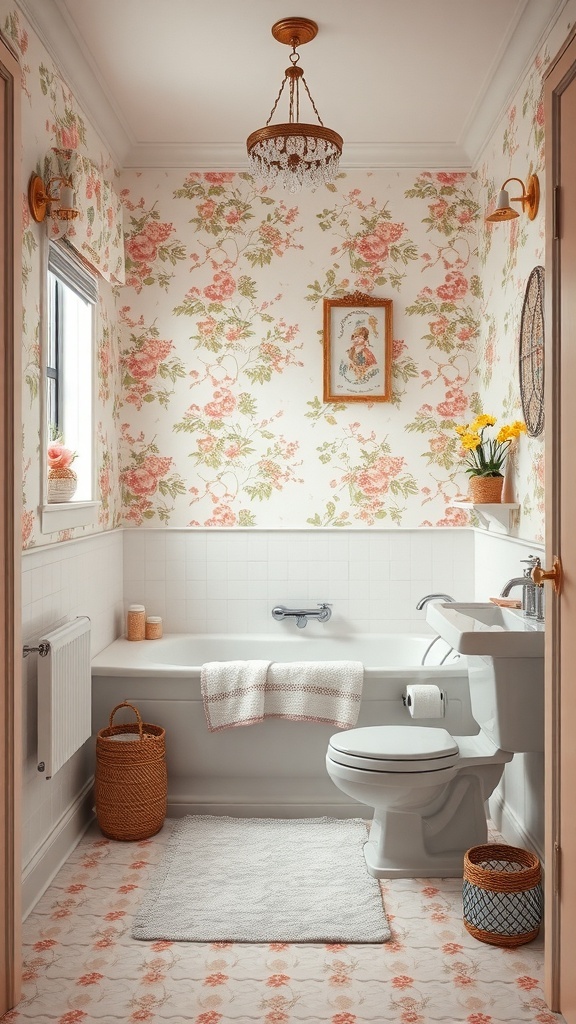 A vintage-style bathroom with floral wallpaper, a chandelier, and woven baskets.