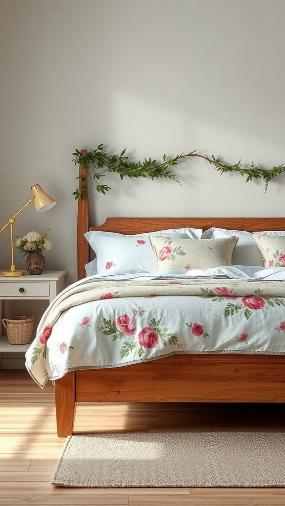 A cozy bedroom featuring vintage floral bedding with pink roses on a light blue background, complemented by a wooden bed frame and soft lighting.