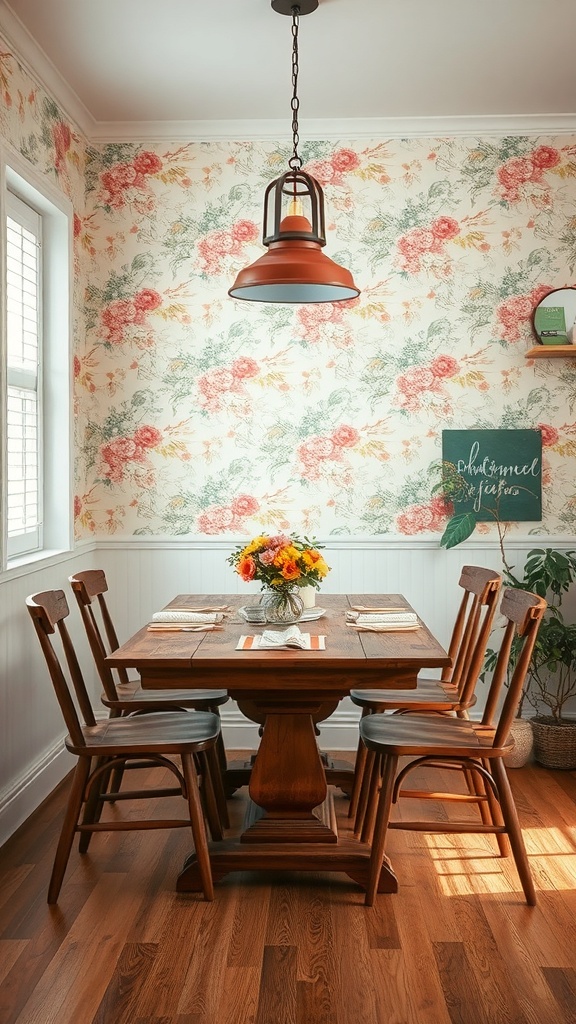 Cozy dining area with vintage floral wallpaper and wooden table