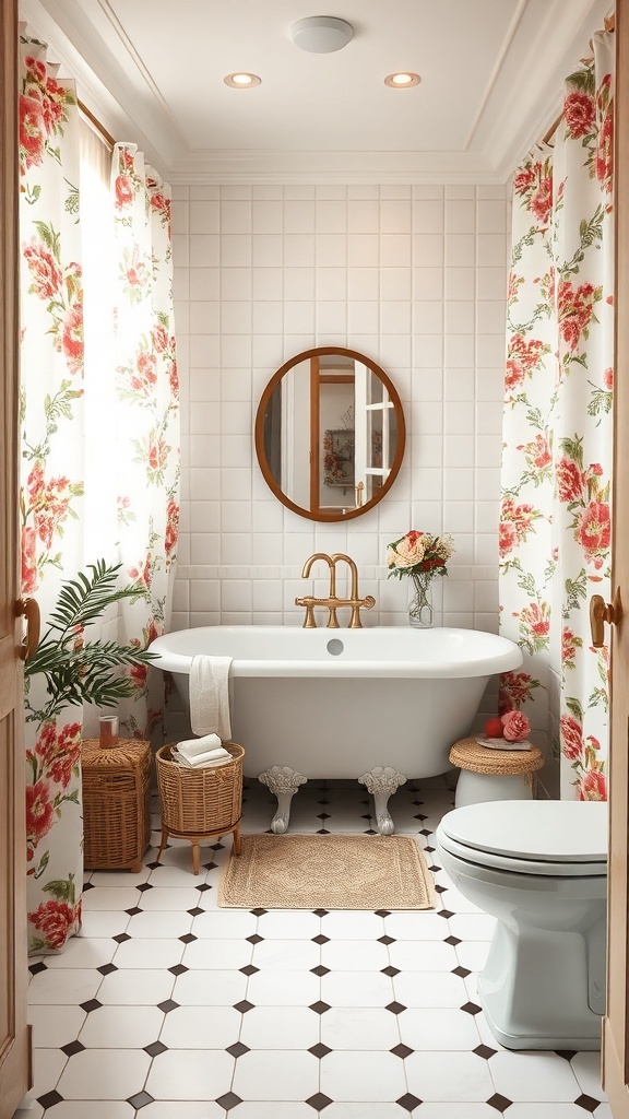 A vintage floral print bathroom with a freestanding tub, round mirror, and natural decor elements.