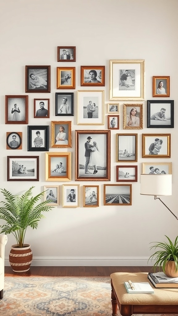 A wall featuring a vintage frame collage with black-and-white photos in various frames.