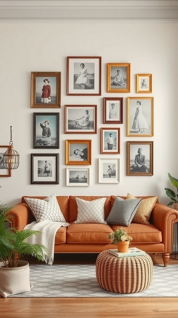 A cozy living room featuring a vintage frame collection on the wall, displaying black-and-white photographs, with an orange couch and decorative pillows.