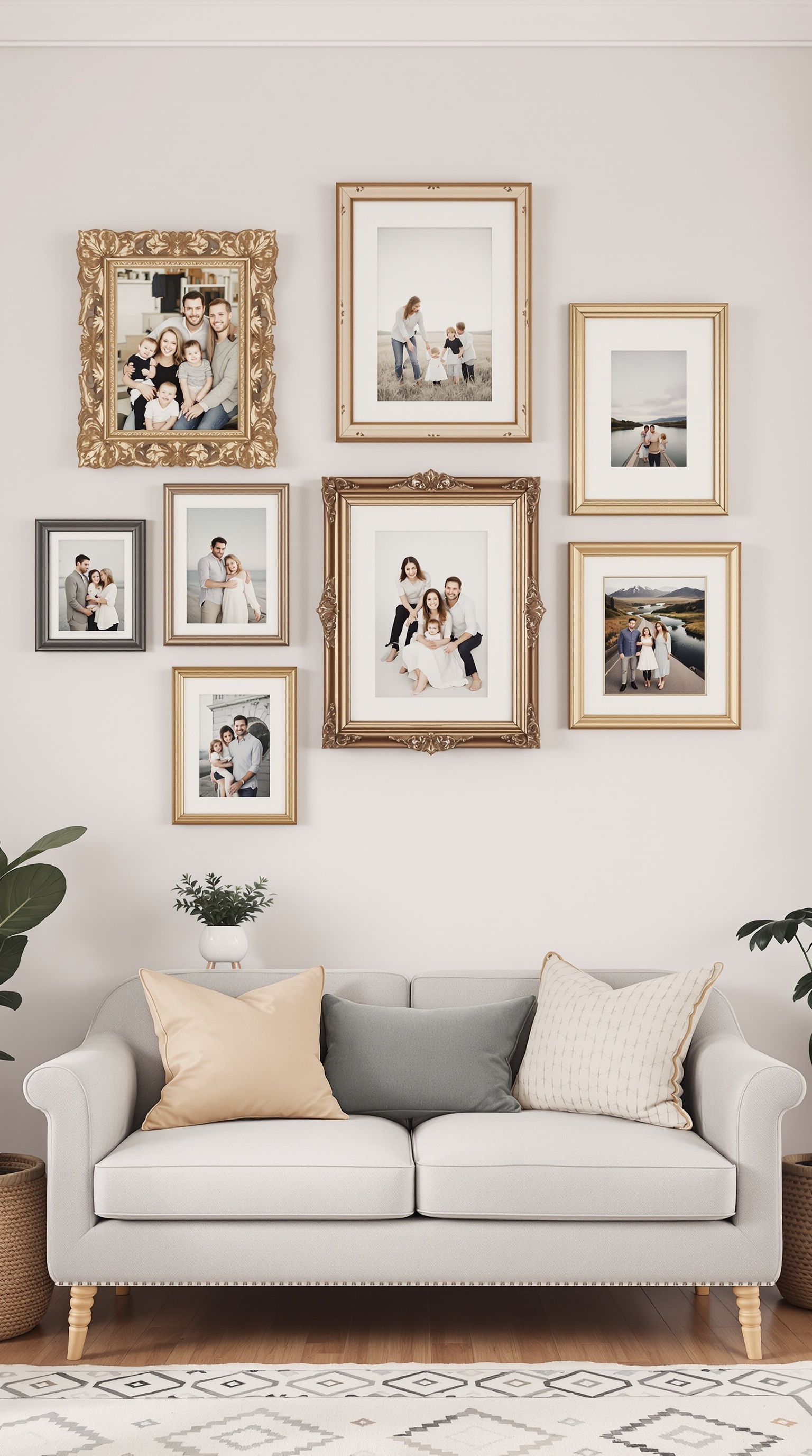 A vintage frame gallery wall displaying family photos in various styles of frames.