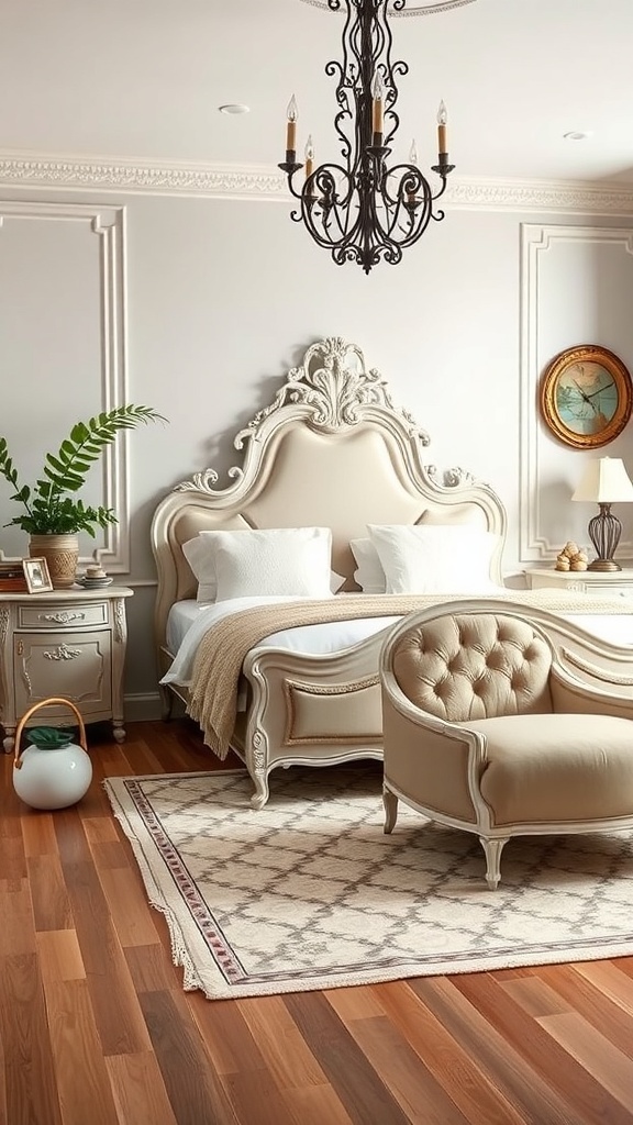 A vintage French bedroom featuring an ornate bed, elegant nightstand, cozy armchair, and a beautiful chandelier.