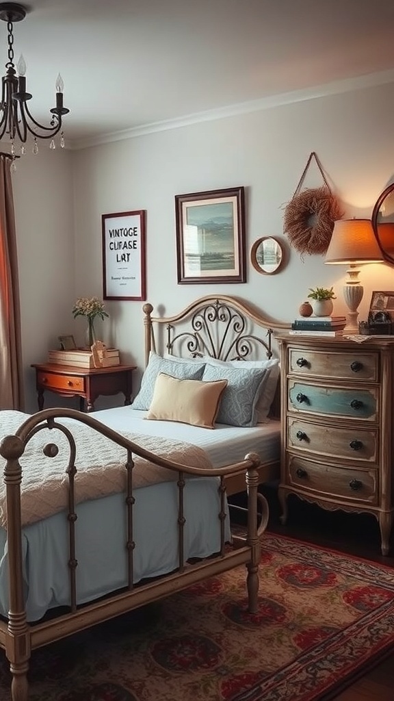 A cozy shabby chic bedroom featuring vintage furniture, including a curved bed frame and a weathered dresser.