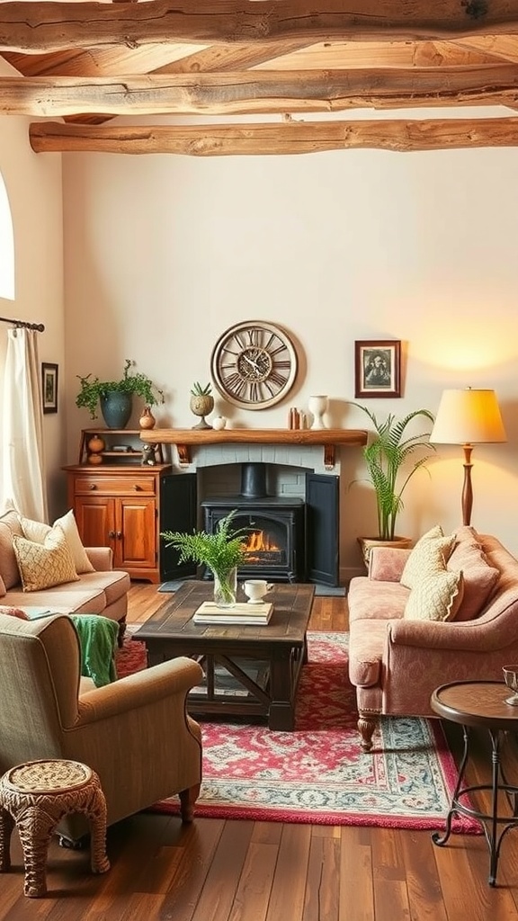 Cozy rustic cottage living room with vintage furniture, wooden beams, and a fireplace.