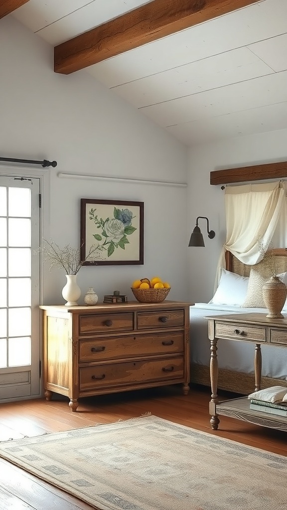 A rustic farmhouse bedroom featuring vintage wooden furniture, a floral artwork, and a bowl of oranges.