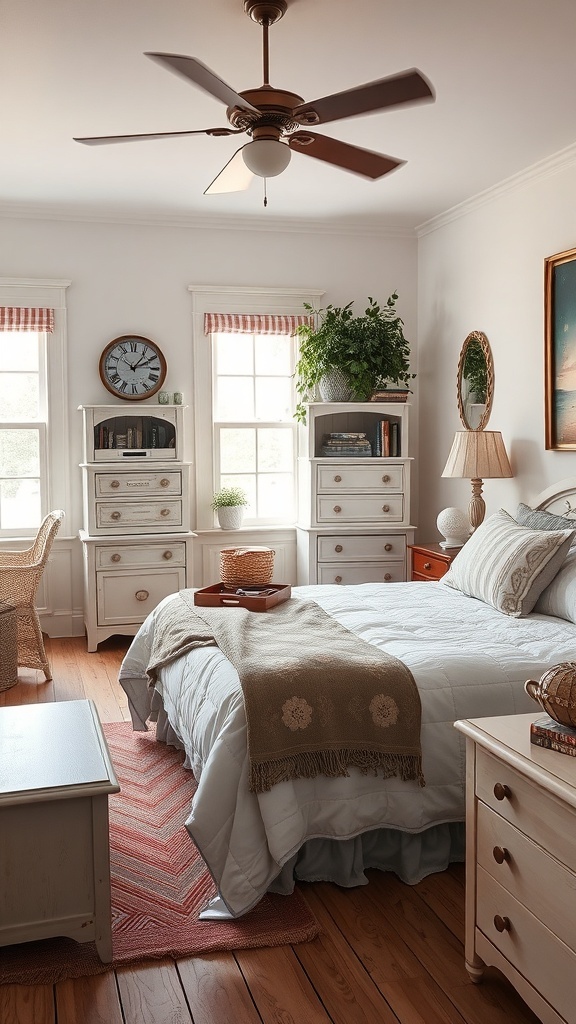 A cozy cottage bedroom featuring vintage furniture, including white dressers, a vintage clock, and a soft throw blanket.