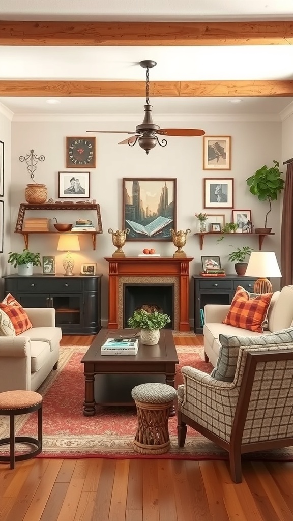 Cozy cabin living room with vintage furniture, wooden beams, and framed art.