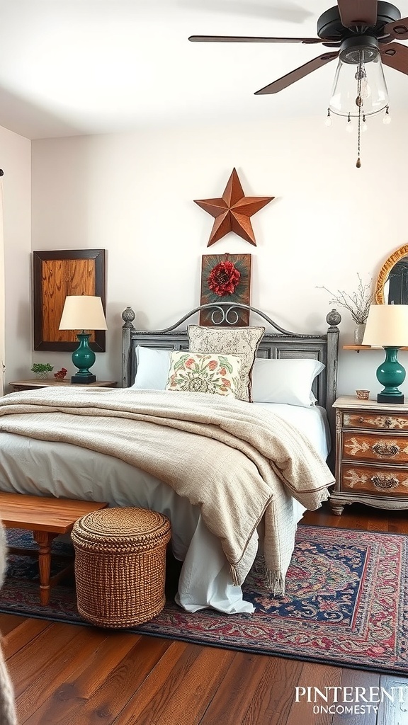 A cozy rustic bedroom featuring vintage furniture, a wooden bed, soft bedding, and decorative accents.