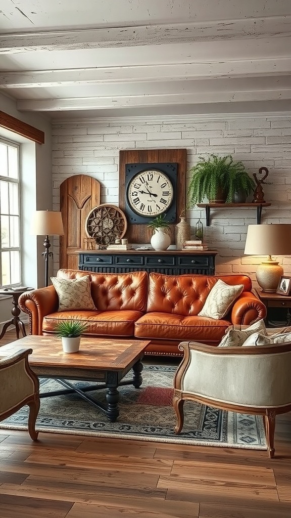 A rustic living room featuring a leather sofa, wooden coffee table, and vintage decor.