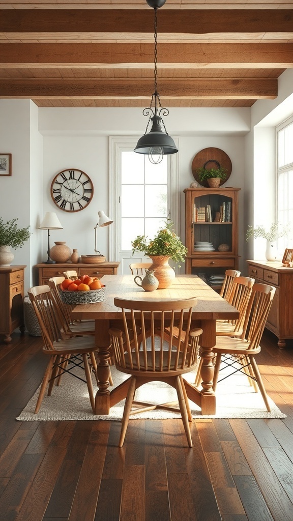 A rustic dining area featuring a large wooden table surrounded by spindle-back chairs, with natural light streaming in through the windows.