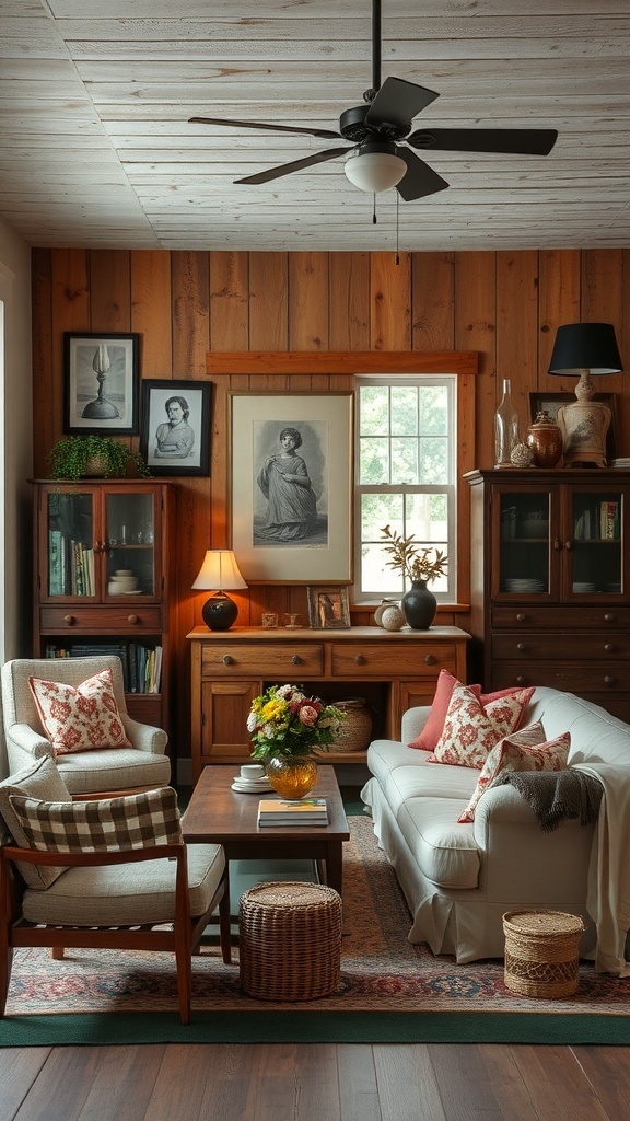 Cozy rustic living room with vintage furniture, wooden walls, and decorative art.