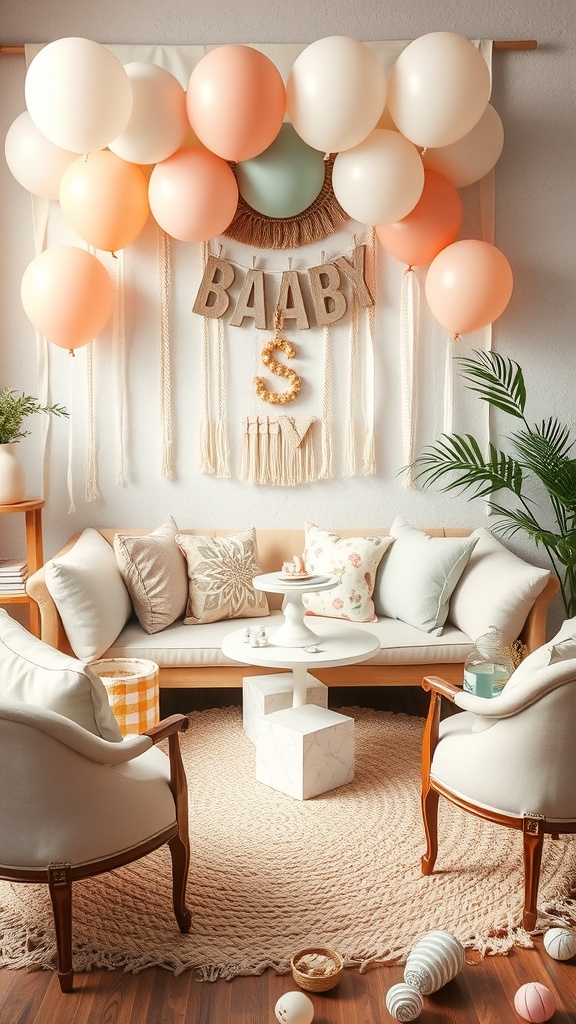 Cozy vintage seating arrangement for a boho baby shower with balloons and decorative elements.