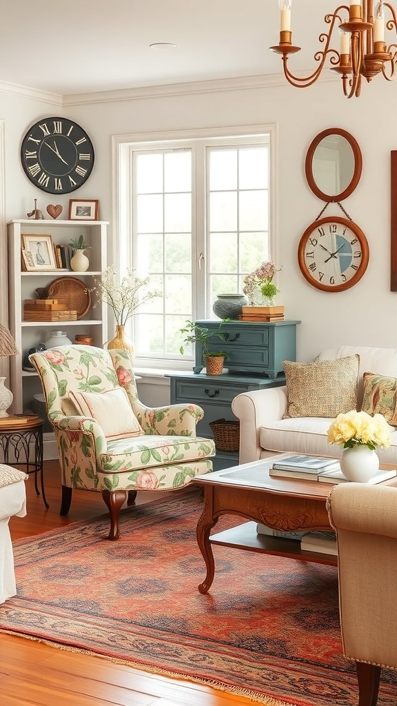 Cozy cottage living room with vintage furniture, including a floral armchair, wooden coffee table, and decorative wall mirrors.
