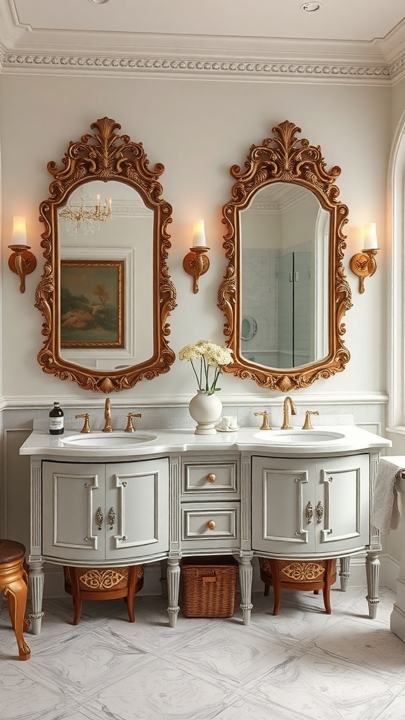 A vintage glam dual vanity bathroom featuring a gray vanity with gold accents, two sinks, and ornate golden mirrors.
