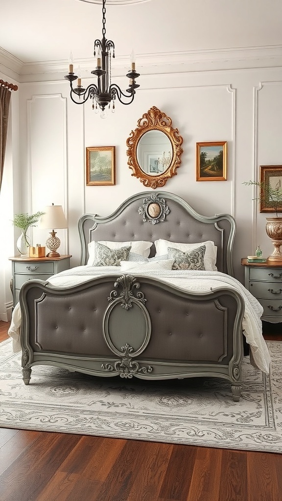 A vintage-style bedroom featuring a grey bed frame with antique accents, elegant chandelier, and classic decor.
