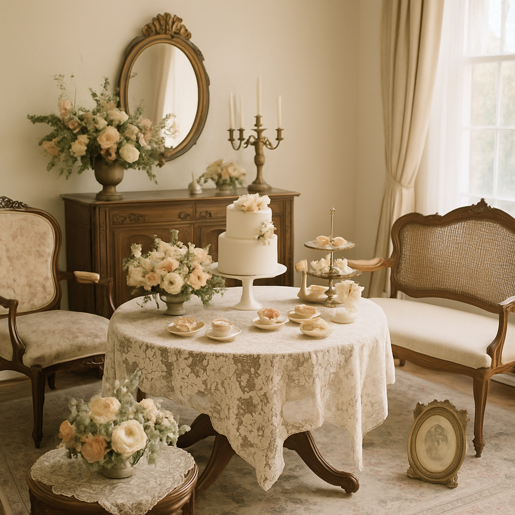 A vintage-inspired bridal shower setup featuring a lace tablecloth, floral arrangements, a white cake, and elegant seating.