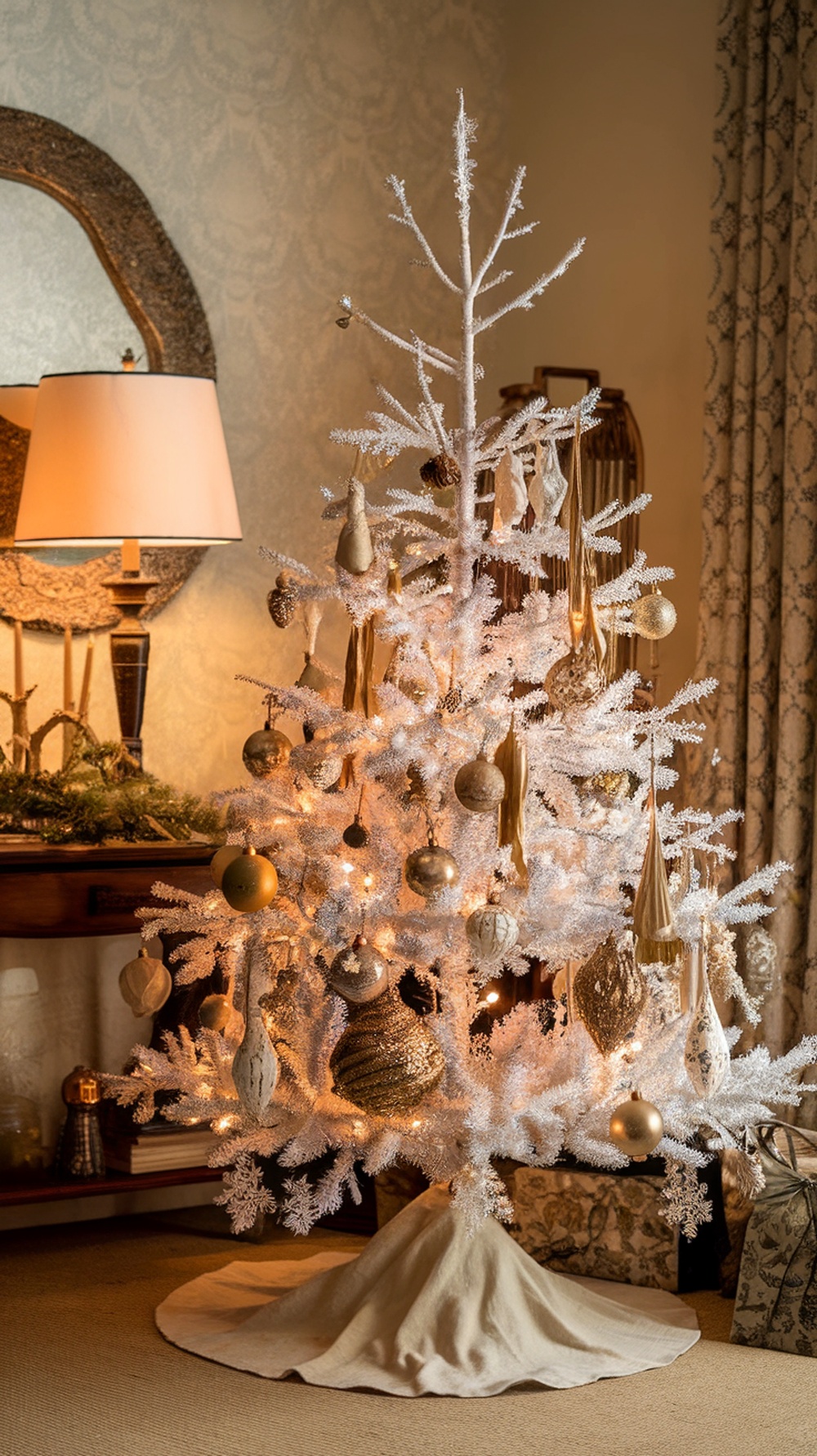 A vintage glam white Christmas tree decorated with gold ornaments, set in a cozy room with soft lighting.