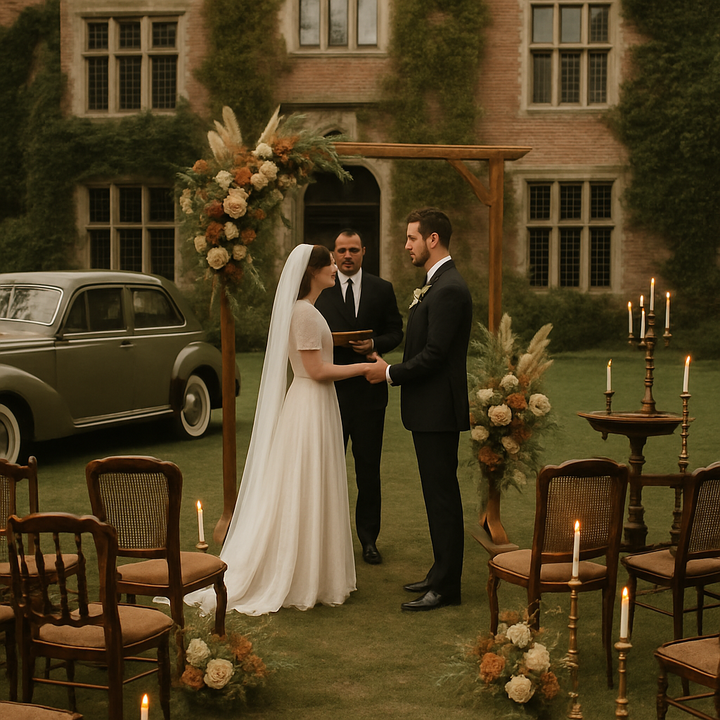A couple exchanging vows at a vintage-themed outdoor wedding ceremony with a historic building in the background.