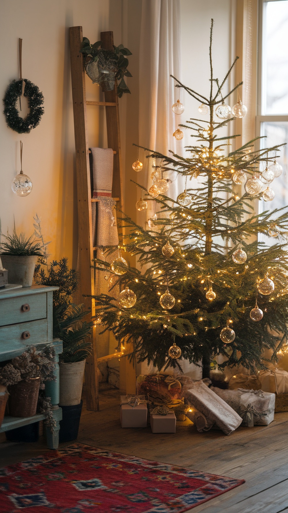 A Christmas tree decorated with vintage glass baubles and warm lights, surrounded by gifts and a cozy setting.
