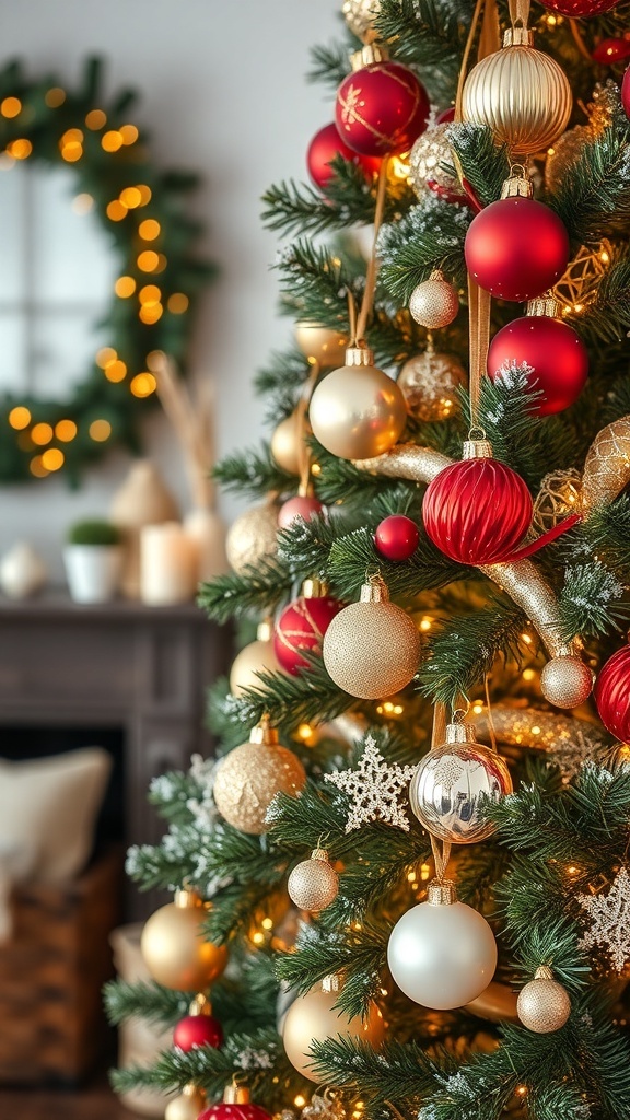 A beautifully decorated Christmas tree with vintage glass baubles in red, gold, and white, set against a cozy backdrop.