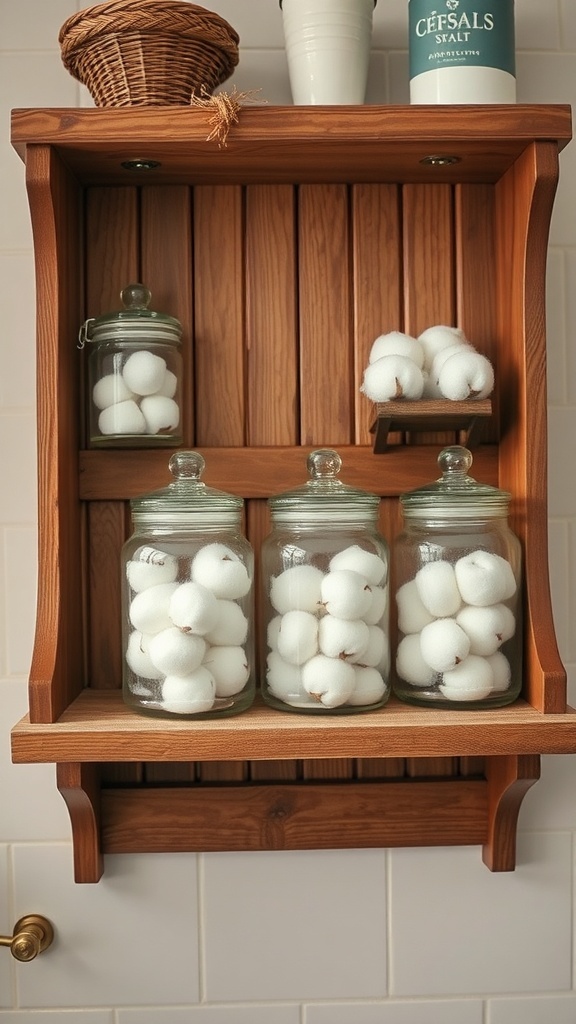 A wooden shelf with vintage glass jars filled with cotton balls and a woven basket.