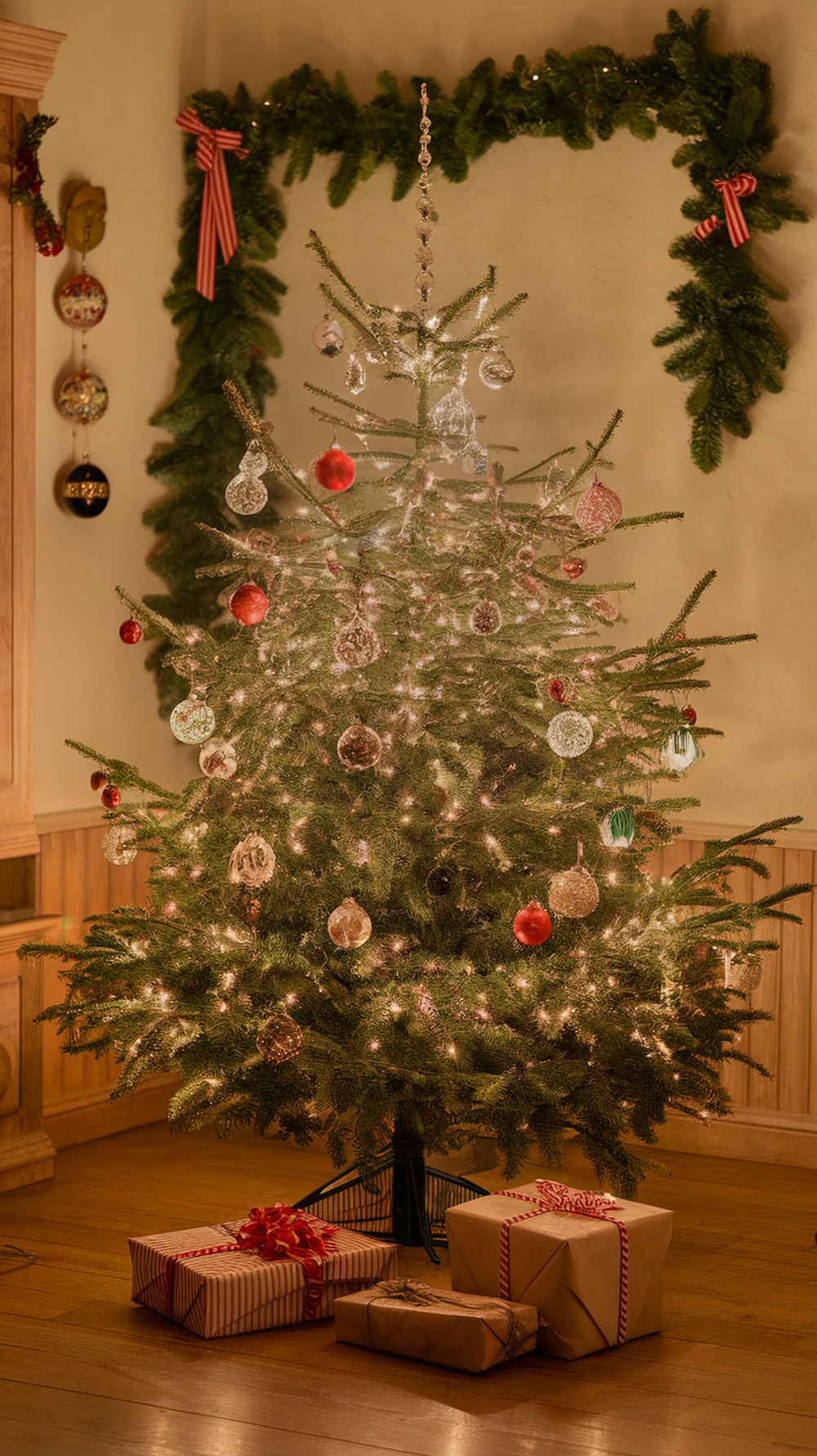 A Christmas tree decorated with vintage glass ornaments, surrounded by wrapped gifts.