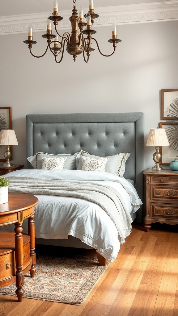 A cozy bedroom featuring a vintage grey headboard, antique wooden furniture, and soft bedding.