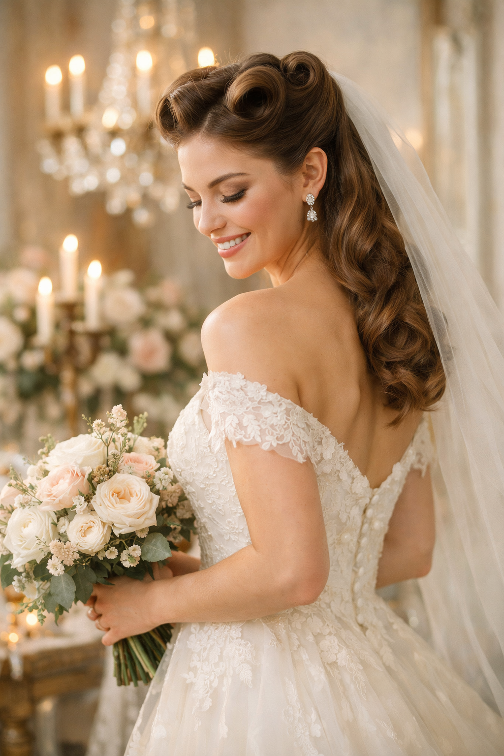 Bride with vintage half-up victory rolls hairstyle and bouquet
