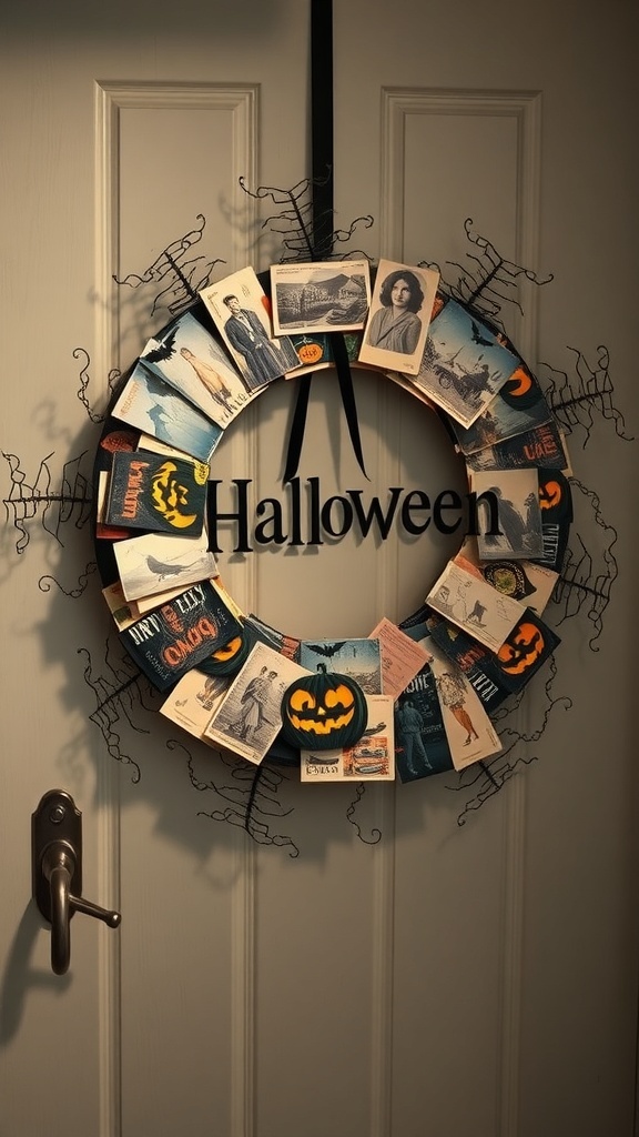 A vintage Halloween postcard wreath featuring old postcards and a pumpkin, hanging on a door.