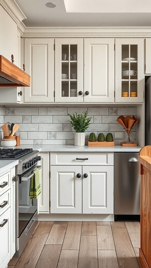 A rustic kitchen featuring vintage hardware accents on white cabinets.