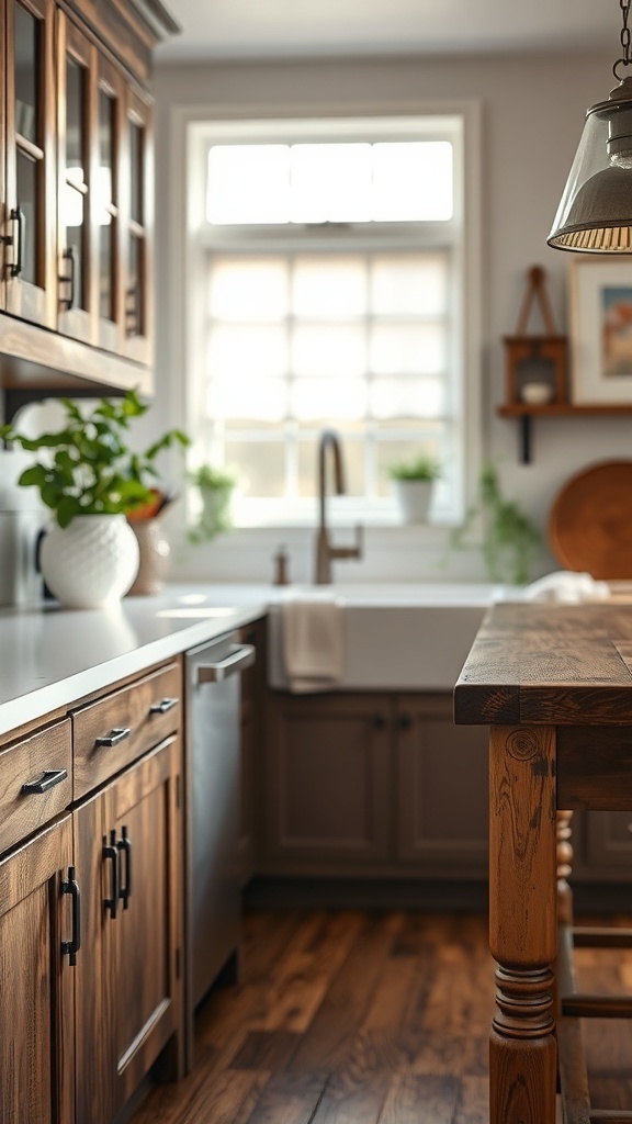 A rustic modern kitchen featuring vintage hardware details, including dark metal cabinet handles and a farmhouse sink.