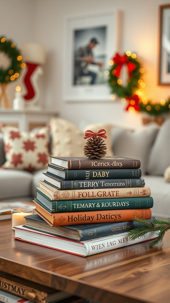 A stack of vintage holiday books on a coffee table, topped with a pinecone and ribbon, surrounded by festive decor.
