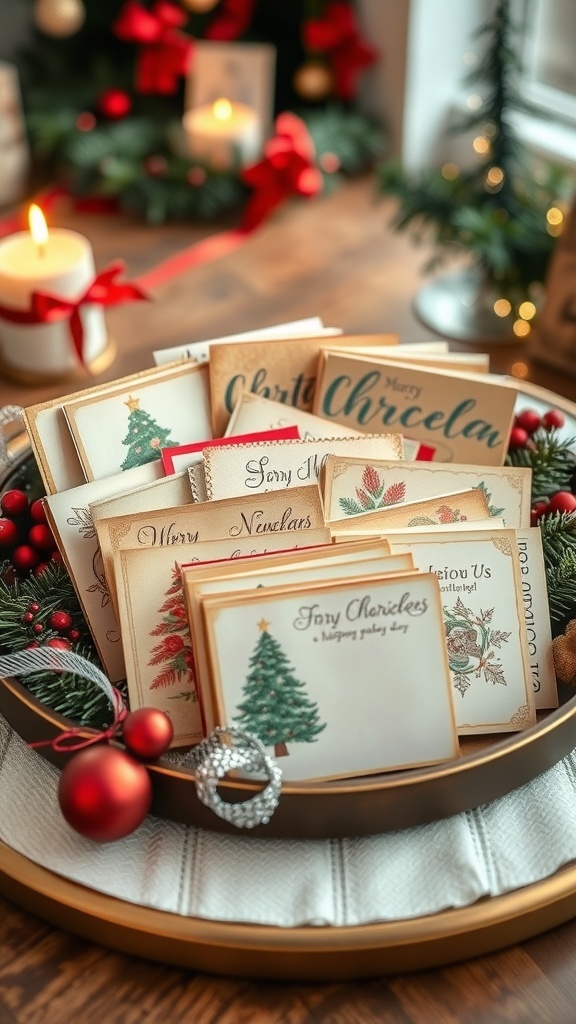 A decorative tray filled with vintage holiday cards, surrounded by festive ornaments and greenery.