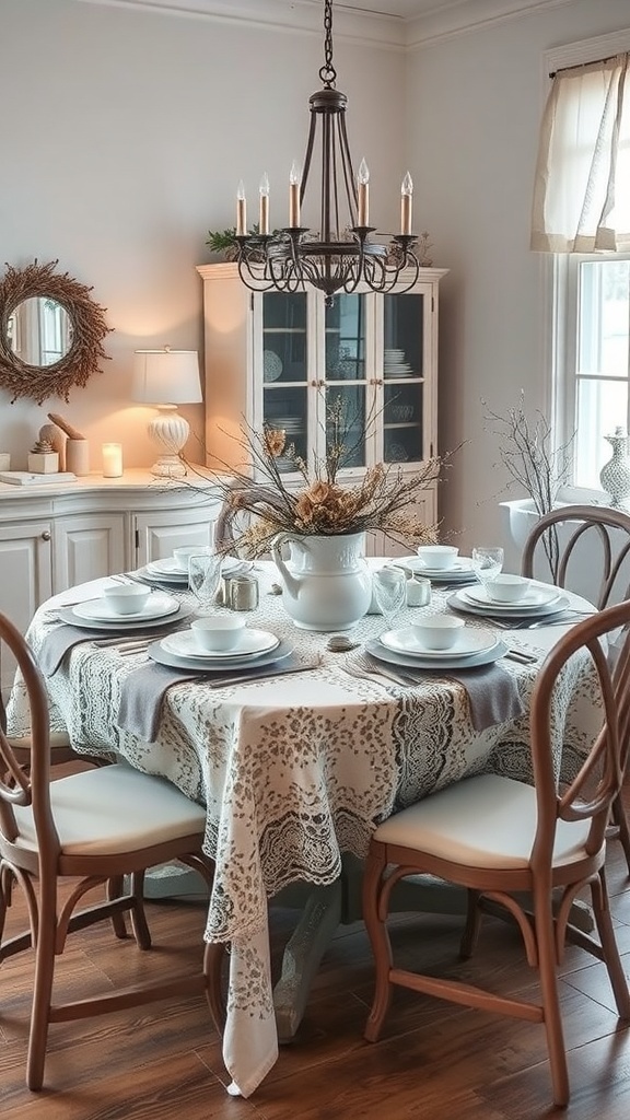 A cozy dining table set with a vintage lace tablecloth, white dishware, and natural decor, illuminated by a chandelier.