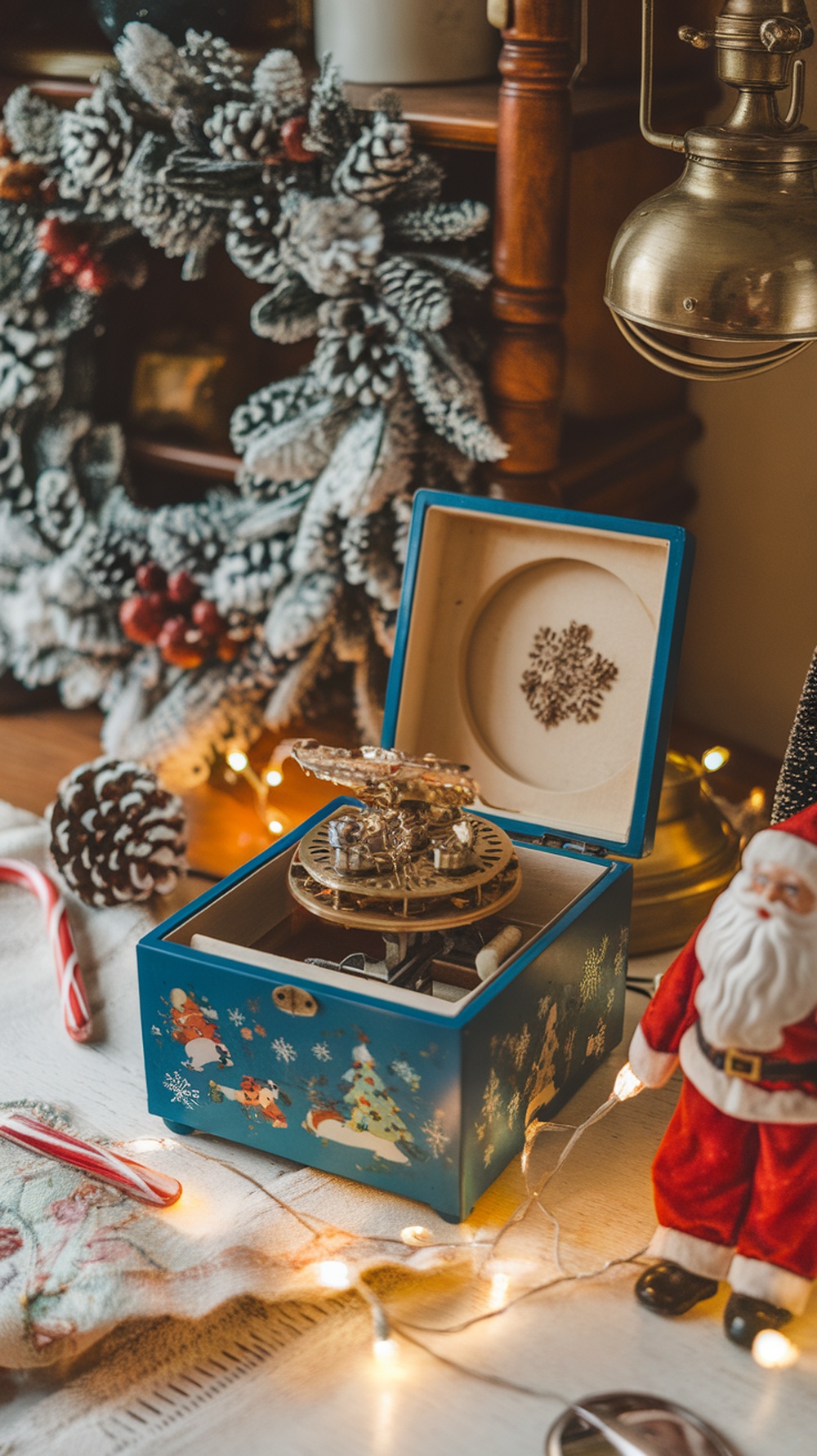 A vintage blue music box with festive designs, surrounded by holiday decorations including a Santa figurine and fairy lights.