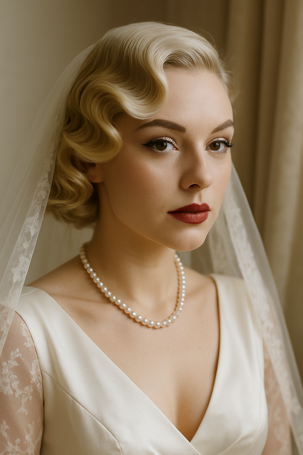 Bride with vintage Hollywood glam hairstyle featuring soft waves, a veil, and pearl necklace.
